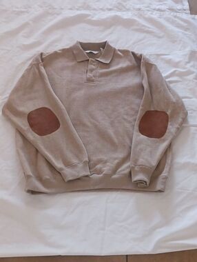 Orvis Beige Crewneck Polo Sweater with Brown Elbow Patches